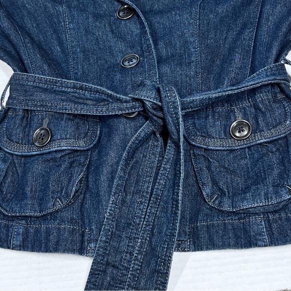 ANN TAYLOR LOFT Dark Denim Jacket Button-up 3/4 Sleeves with Belt Tie Women's SP - Picture 11 of 16